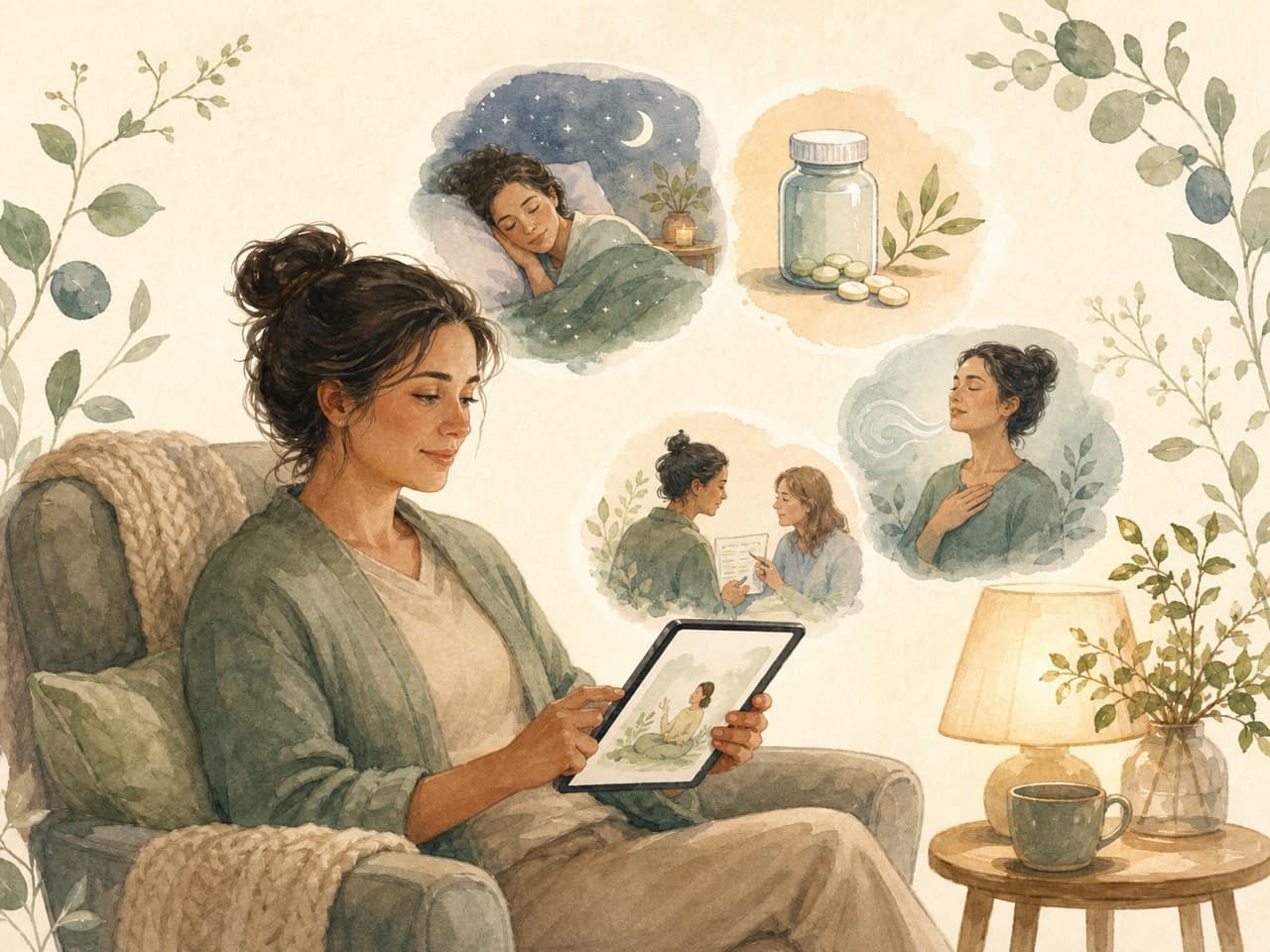 A patient reading a short learning module at home with relevant care topics close at hand.