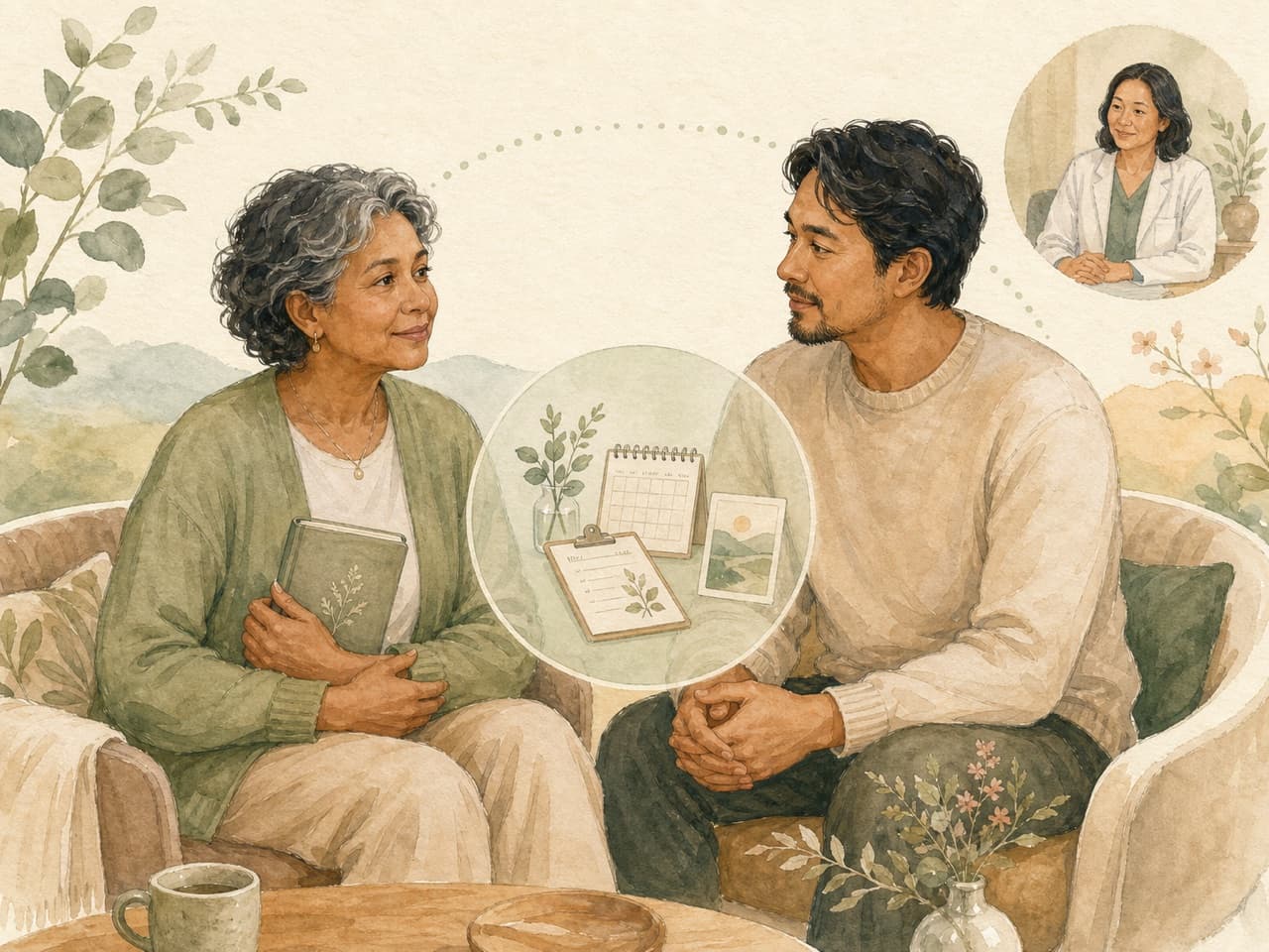A patient and caregiver sharing plan-level context while preserving private space and trust.