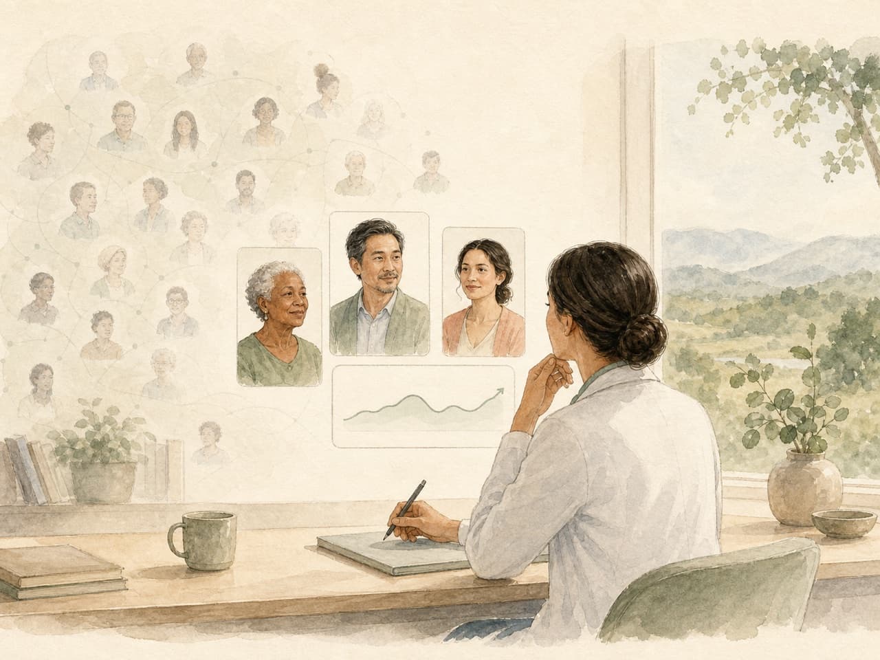 A clinician bringing three patients and one useful trend into focus from a larger panel.