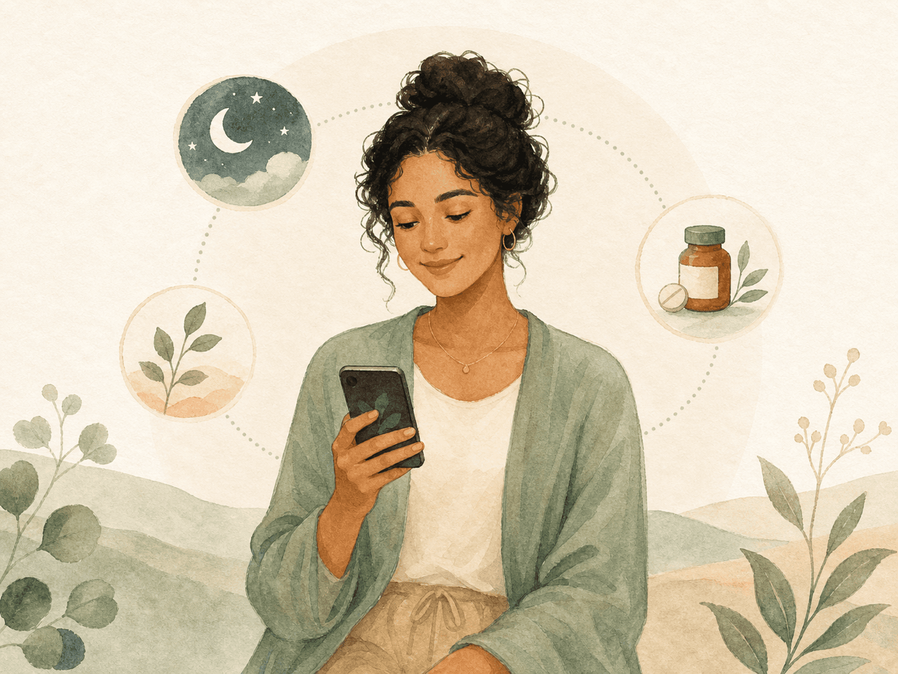 A person using their phone for a calm daily check-in, surrounded by gentle symbols for sleep, wellbeing, and medication.